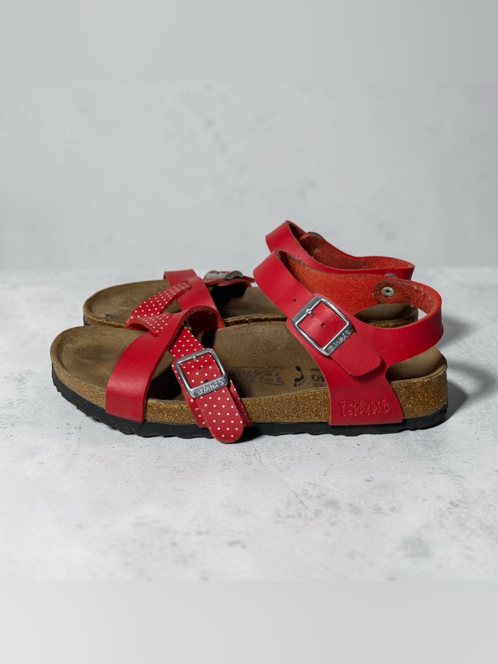 Birki's Birkenstock Lillie Ankle Strap Red Polka Dots Sandals 37 N / Womens 6.5